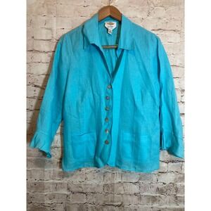 Talbots Top Womens 14 Irish Linen Turquoise Lagenlook Beachy Bell Sleeve Pocket